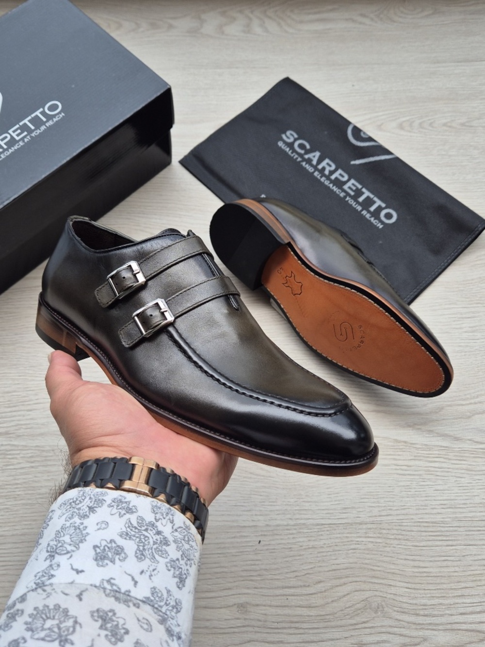 Salvatore Double Monk Strap Shoes: Hand-Burnished Bottle Green Leather Apron Toe